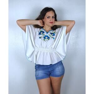 vintage 70s White Blue MEXICAN Angel Sleeve EMBROIDERED TUNIC os top boho hippie